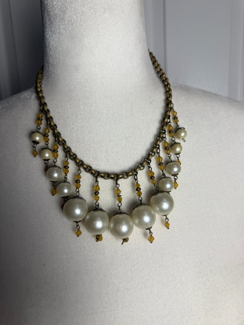 Vintage Gold Tone Pearl Bead Statement Collar Necklace Choker